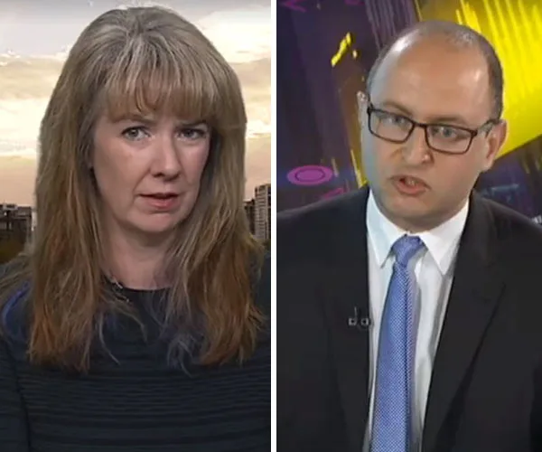 Two individuals in a split-screen interview on a news program, discussing a serious topic.