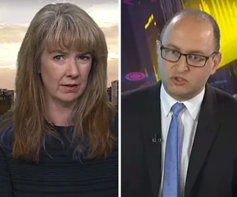 Two individuals in a split-screen interview on a news program, discussing a serious topic.