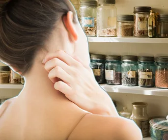 A woman scratching her neck in front of jars filled with natural ingredients on shelves.