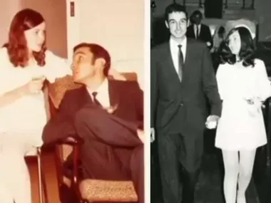 A couple in vintage outfits, one sitting and talking, the other holding hands and walking in formal wear.