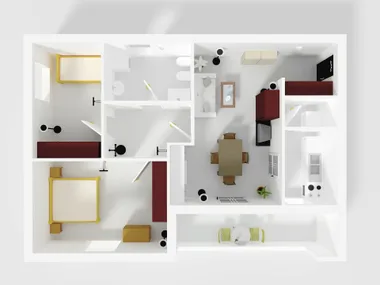 A minimalist floor plan featuring a bedroom, kitchen, living room, dining area, and bathroom, with white and red accents.