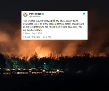 Paris Hilton's tweet about California wildfires with an image of a large fire behind trees and buildings at night.