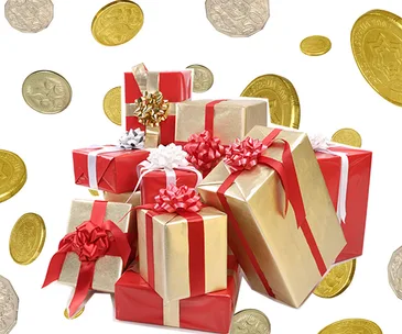 Pile of red and gold wrapped Christmas gifts with red and white bows, surrounded by floating gold coins.