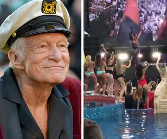 Man in a captain's hat and a pool party scene with people in swimsuits near a stage.
