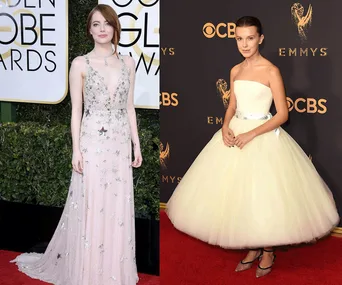 Two women in elegant dresses on a red carpet at award events, posing for photos.