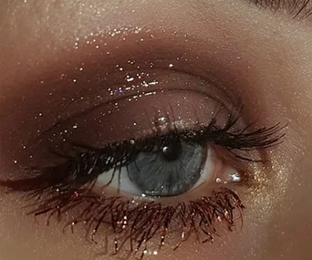 Close-up of an eye with glittery brown eyeshadow and sparkling lower lashes, creating a festive, glistening look.