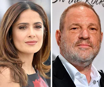 Salma Hayek and a man at a formal event, both facing the camera.