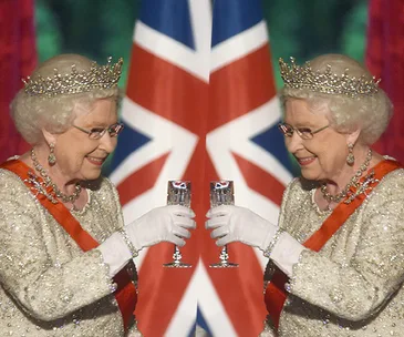 Two mirrored elderly women in tiaras toasting with glasses, Union Jack backdrop.