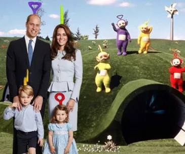 Image of a family photoshopped with Teletubbies on their grassy hill, each wearing antennas like Teletubbies.