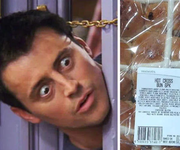 Man peering through door next to packaged hot cross buns with a "Best Before" label.