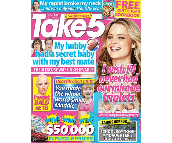 Take 5 magazine cover with various headlines, including stories about triplets, a secret baby, and a $50,000 puzzle prize.