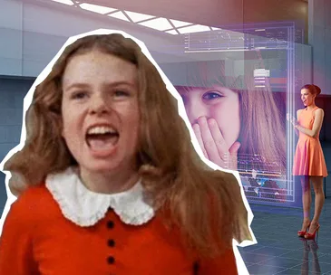 A girl in a vintage outfit angrily shouts while a futuristic projection displays a smiling girl in the background.