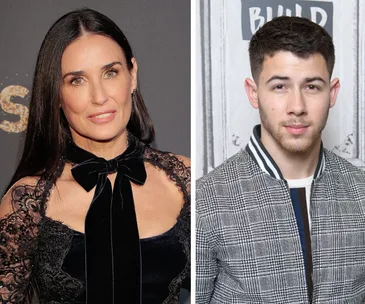 Demi Moore in black dress and Nick Jonas in checkered jacket, side-by-side photo.