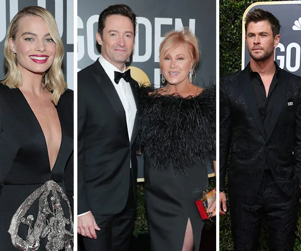 Australian celebrities at the 2018 Golden Globes red carpet in elegant attire.