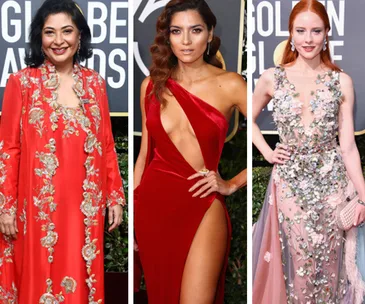 Three women in red and floral gowns at the 2018 Golden Globe Awards red carpet, not wearing black.