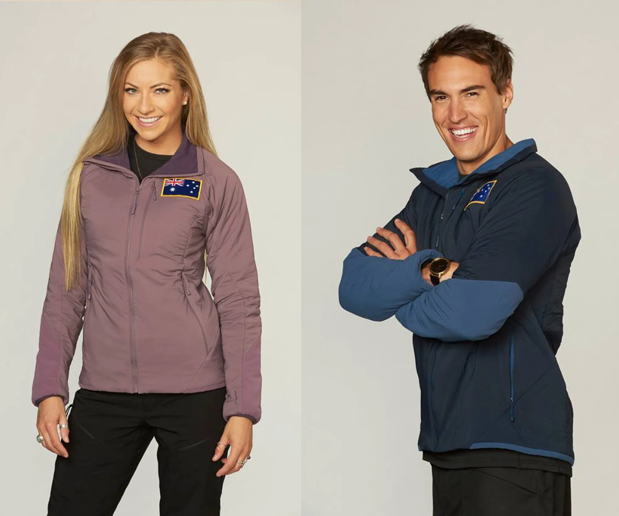 Australian contestants smiling in jackets with flags on "The Bachelor Winter Games."