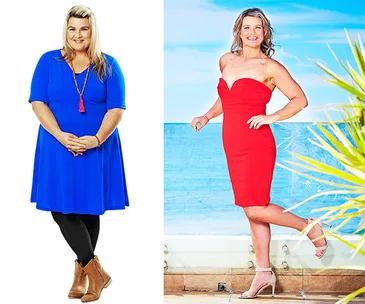 Anna Winter's weight loss transformation; before in blue dress, after in red at seaside.