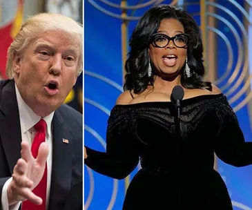 Donald Trump speaking animatedly on the left; Oprah Winfrey at a microphone on the right, wearing a black dress.
