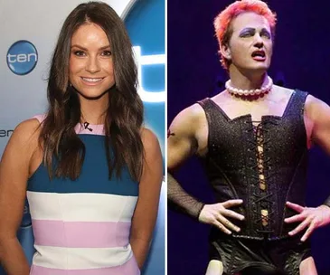Two-part image: Woman smiling at an event; man dressed as Frank-N-Furter from "The Rocky Horror Show" on stage.