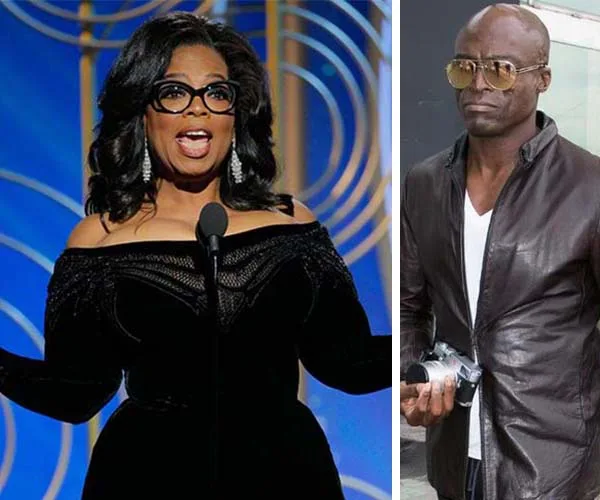 Oprah Winfrey speaking on stage; singer Seal in a leather jacket holding a camera.