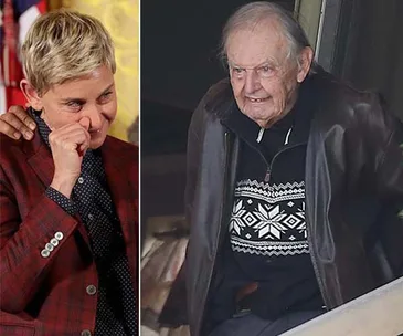 Two side-by-side images: a woman smiling, wiping a tear, and an elderly man in a patterned sweater and jacket.