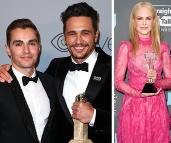Two men in tuxedos holding an award; a woman in a pink dress holding a trophy at a formal event.