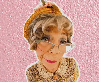 Elderly woman with glasses and a vintage hat on a pink textured background, giving a humorous expression.