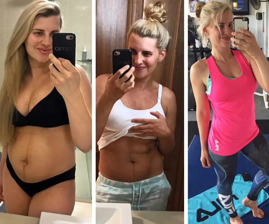Three side-by-side photos showing a woman documenting weight loss progress with mirror selfies in athletic wear.