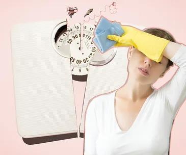 Cleaning in yellow gloves, tired woman, broken scale showing weight loss.