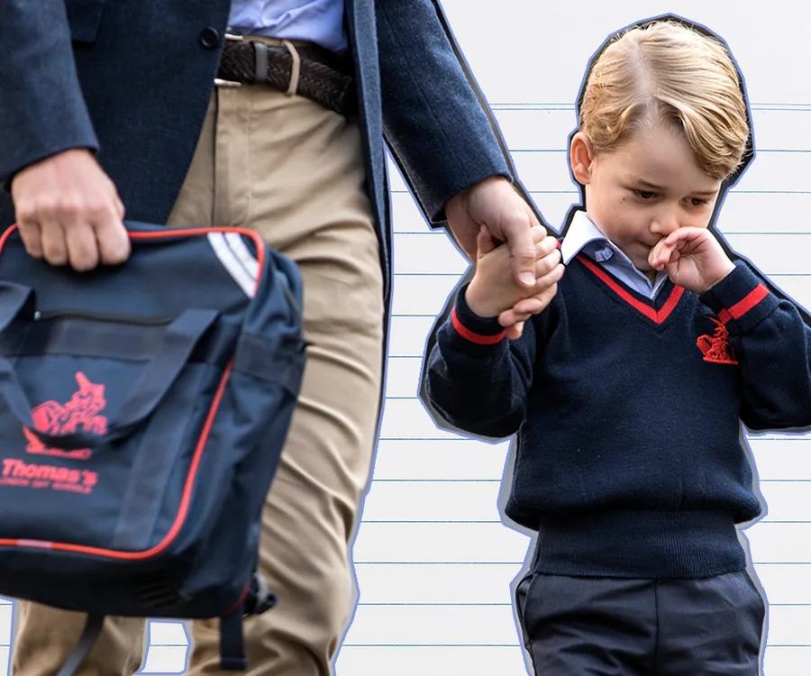 Child in school uniform holding an adult's hand, carrying a school bag with logo, appearing pensive or shy.