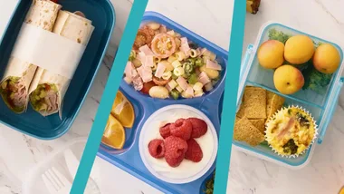Three kids' lunchboxes: wraps, pasta salad with yogurt and raspberries, fruit with broccoli, quiche, and crackers.