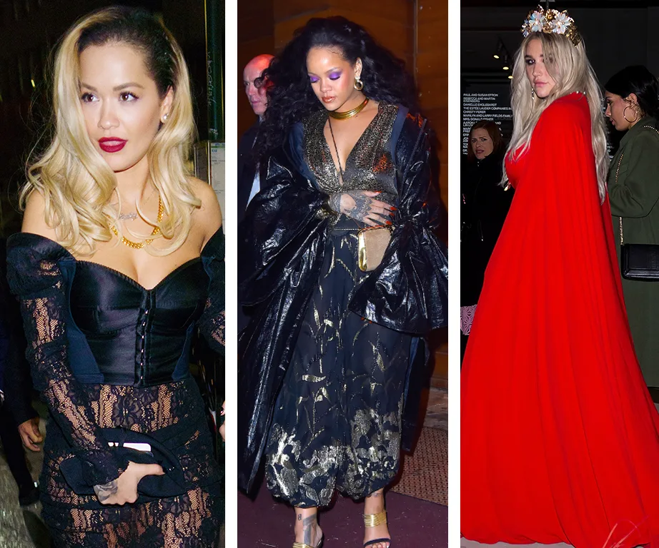 Three women in elegant outfits at 2018 Grammys after-parties: one in black lace, one in black with gold, and one in a red cape.