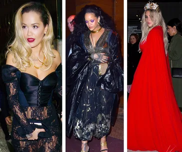 Three women in elegant outfits at 2018 Grammys after-parties: one in black lace, one in black with gold, and one in a red cape.