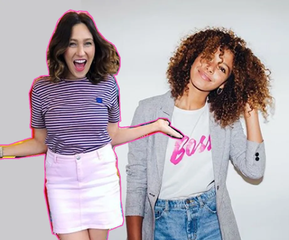 Women in stylish outfits, one in a striped shirt and pink skirt, the other in a "Boss" tee and blazer, smiling confidently.