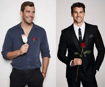 Two men, one in a casual shirt holding an ice cream and rose, and another in a suit holding a red rose, smiling.