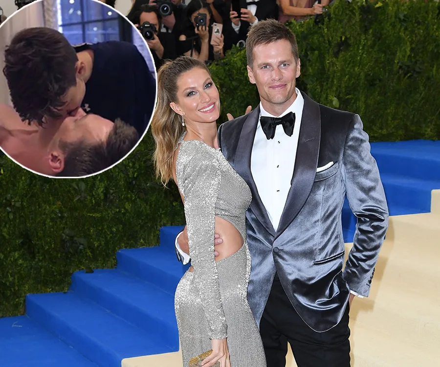 Couple posing elegantly at an event with an inset of a father kissing a child's forehead.