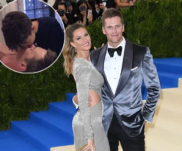 Couple posing elegantly at an event with an inset of a father kissing a child's forehead.