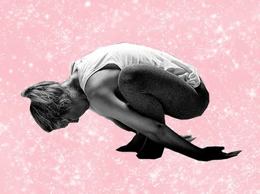 Person in yoga pose against a pink, sparkling background.
