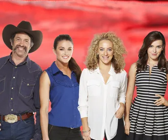 Four "My Kitchen Rules" contestants posing together in front of a bright red background.
