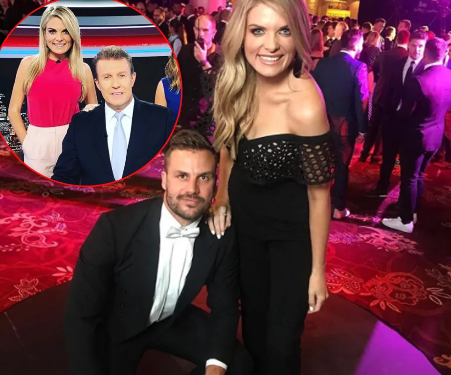 Man in a tuxedo kneels beside a smiling woman in black at a formal event; inset shows her with a man in a news studio.