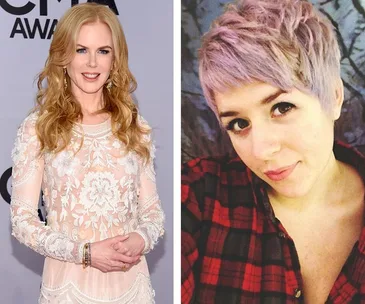 Two women side by side; left in elegant gown, right in plaid shirt with short hair.