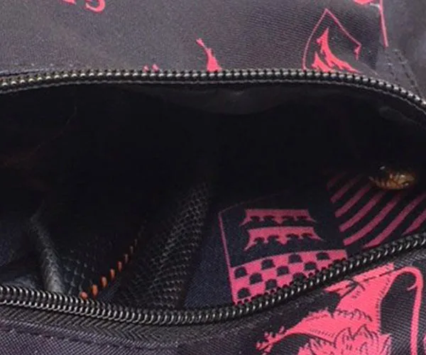 Open school bag with a snake partially visible inside, among its contents.