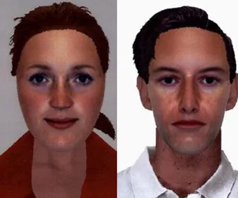 Two digitally rendered images: a woman with red hair on the left, and a man with dark hair on the right, both with neutral expressions.