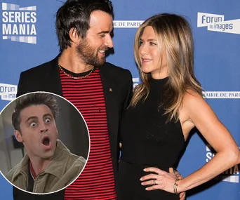 "Couple smiling at each other on the red carpet, with shocked TV character inset at bottom left."
