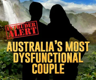 "Silhouettes of a couple with text: 'Intruder Alert: Australia's Most Dysfunctional Couple' on jungle background."