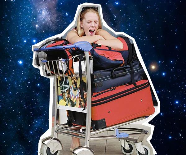 A tired traveler yawning on top of a luggage cart against a starry night background.