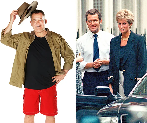 Paul Burrell in jungle attire on left; Burrell with Princess Diana on right, standing in formal clothing, 1990s setting.