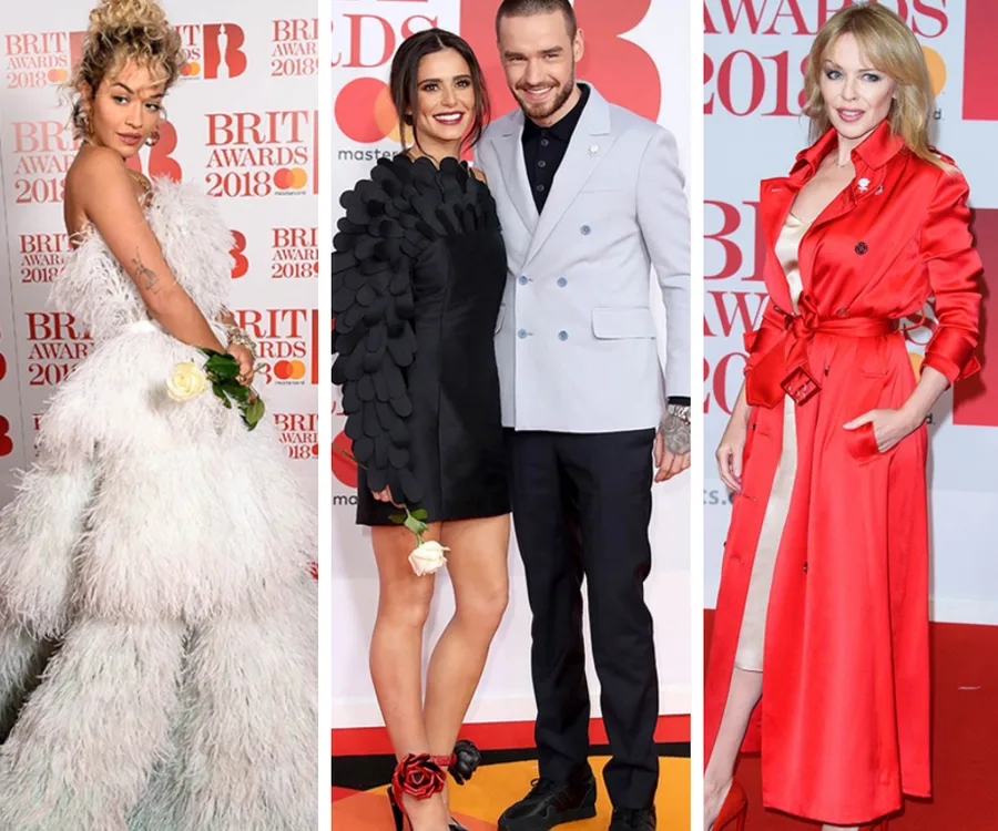 Celebrities on the 2018 Brit Awards red carpet in stylish outfits: fluffy gown, black dress, gray suit, red coat.