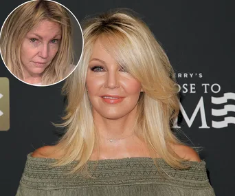 Blonde woman in a green dress on a red carpet; inset shows her with a different expression and minimal makeup.