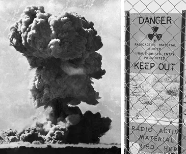 Mushroom cloud from a nuclear test explosion; "Keep Out" sign for radioactive materials on a fence.